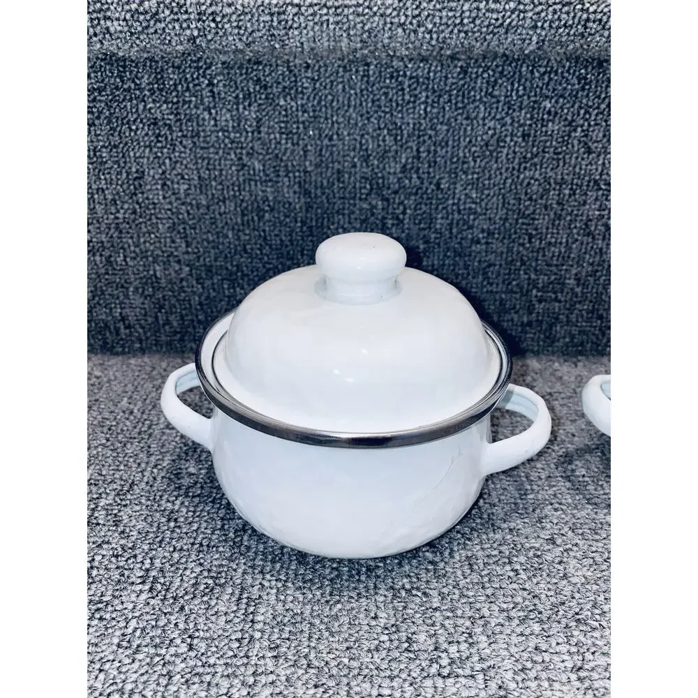 X4 Lot Golden Rabbit White Set Enamelware Small Soup Pots Little For Set Metal
